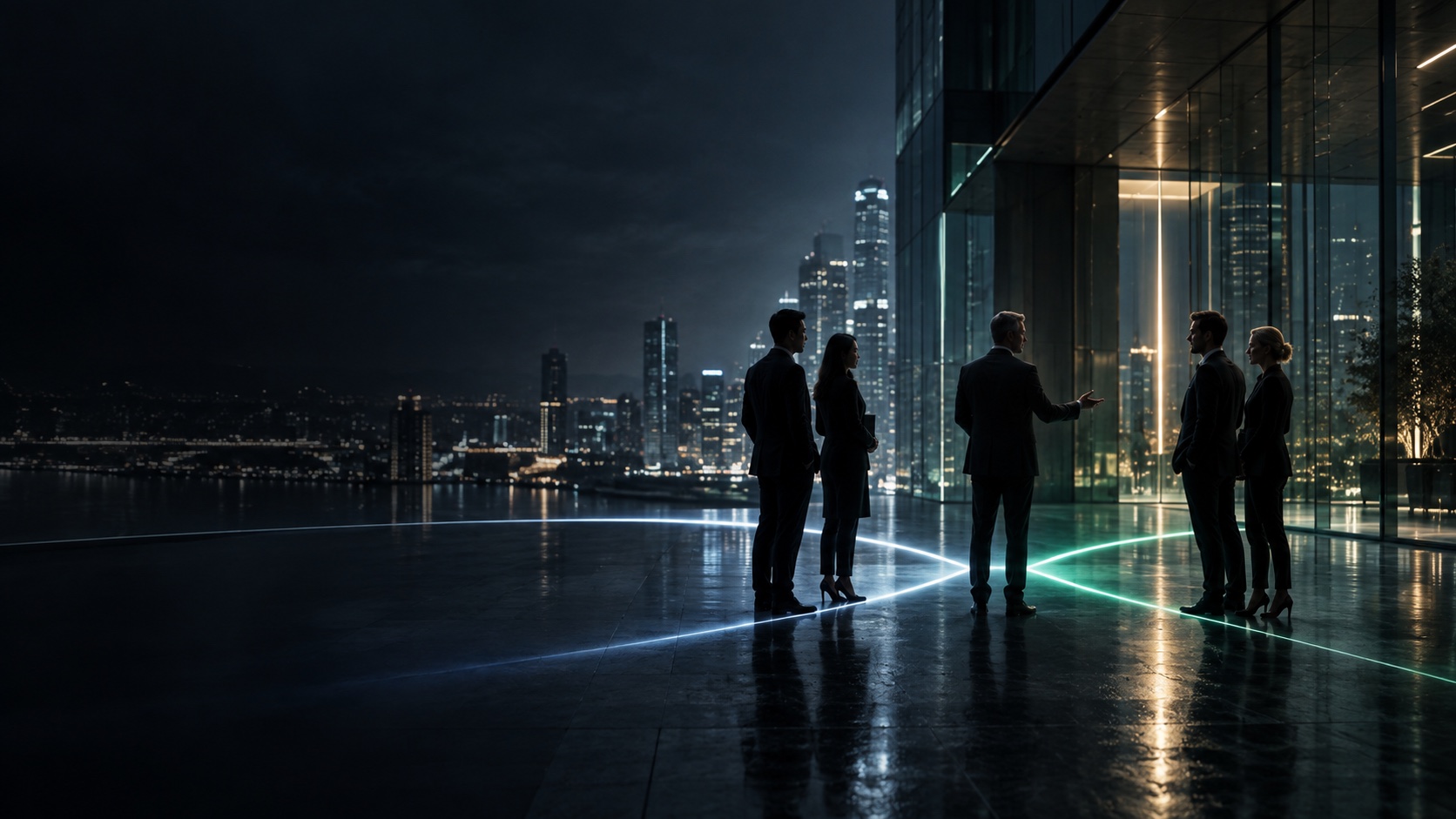 Two business groups meeting through a neutral introduction in a glass city setting