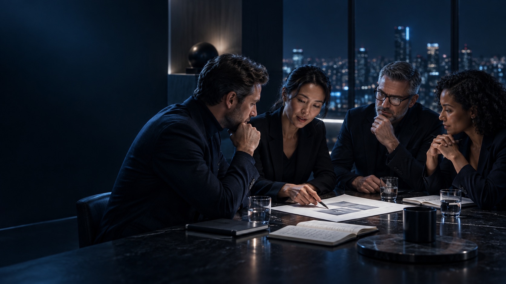 Four professionals exchanging practical views around one working brief